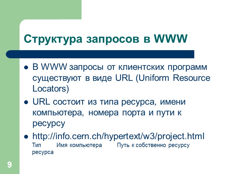 9 Структура запросов в WWW В WWW запросы от клиентских программ существуют в виде